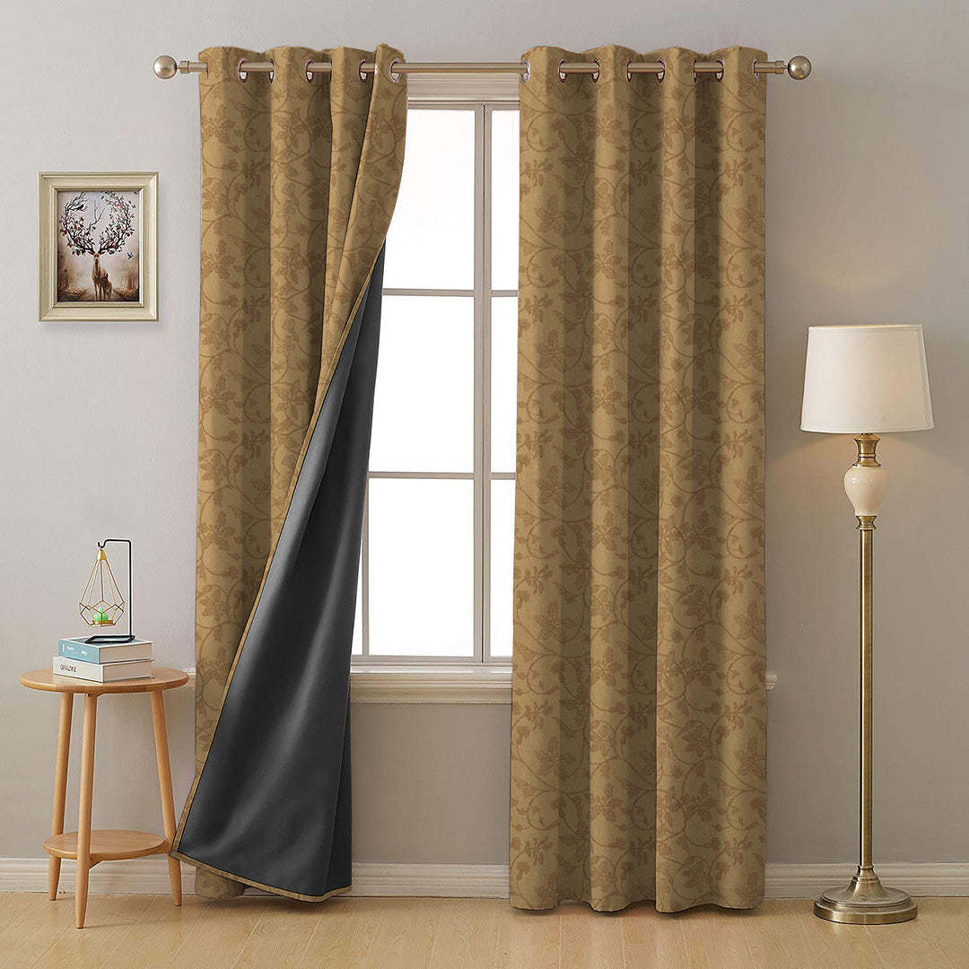 Nouveau Petal Floral Pecan yellow Heavy Satin Blackout curtains Set Of 2 - (DS496A)