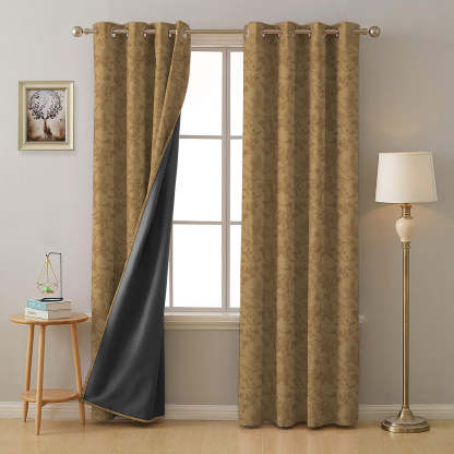 Nouveau Petal Floral Pecan yellow Heavy Satin Blackout curtains Set Of 2 - (DS496A)