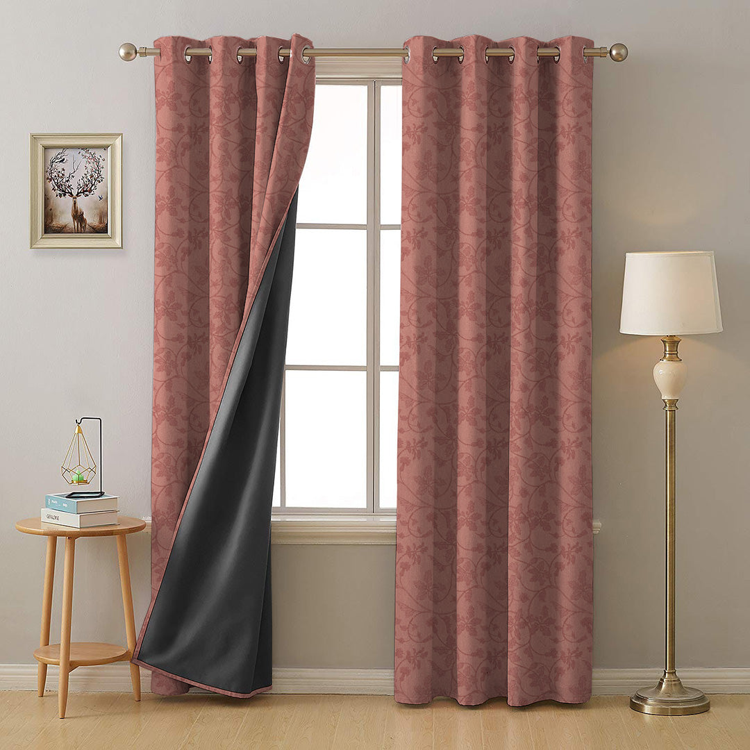 Nouveau Petal Floral Bubblegum Pink Heavy Satin Blackout curtains Set Of 2 - (DS496B)