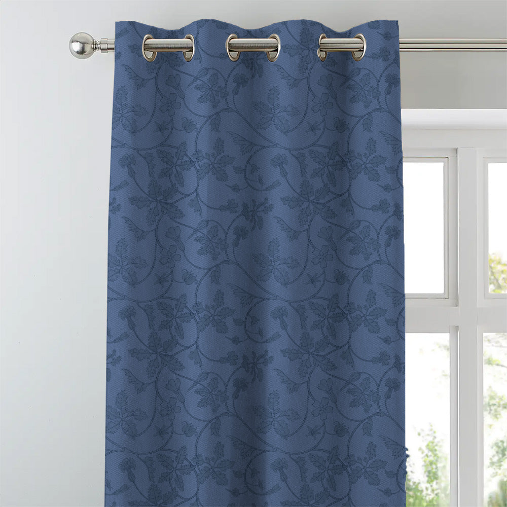 Nouveau Petal Floral Oxford Blue Heavy Satin Room Darkening Curtains Set Of 2 - (DS496C)