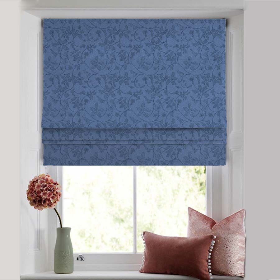 Nouveau Petal Floral Oxford Blue Satin Roman Blind (DS496C)