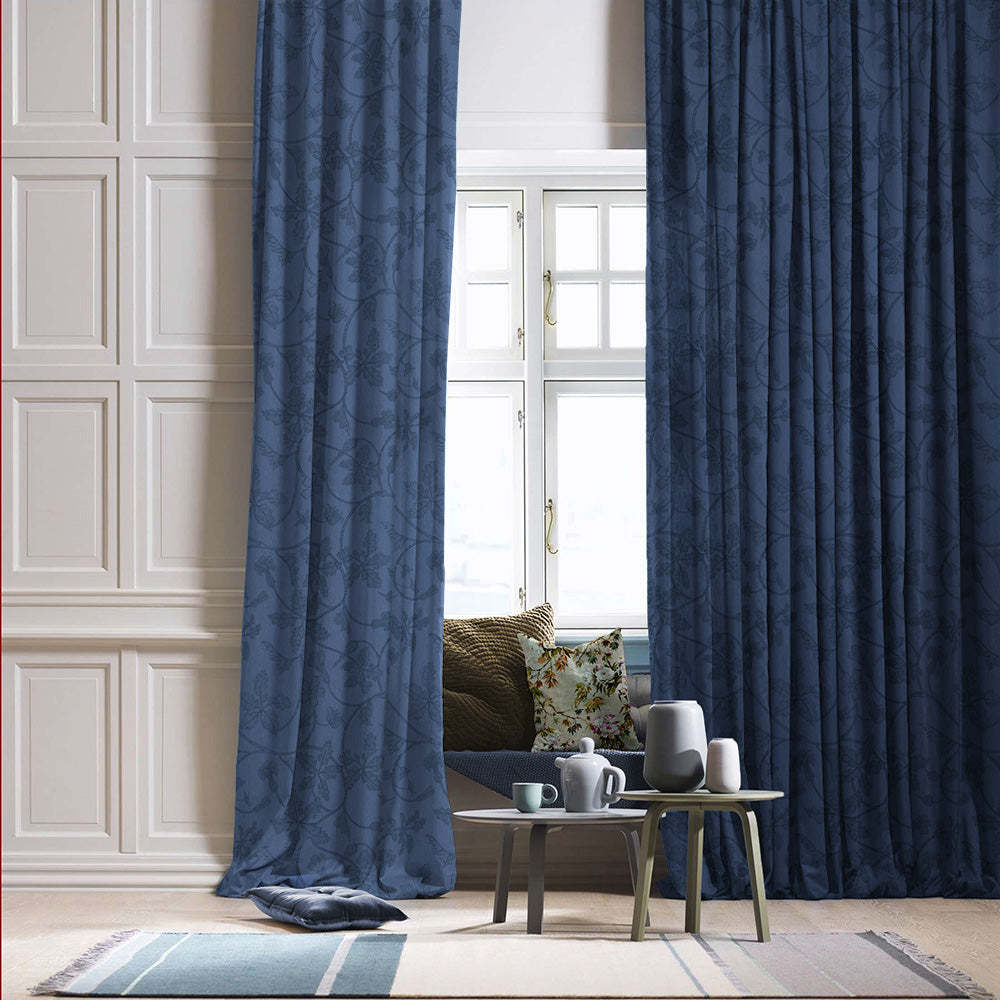 Nouveau Petal Floral Oxford Blue Heavy Satin Room Darkening Curtains Set Of 2 - (DS496C)