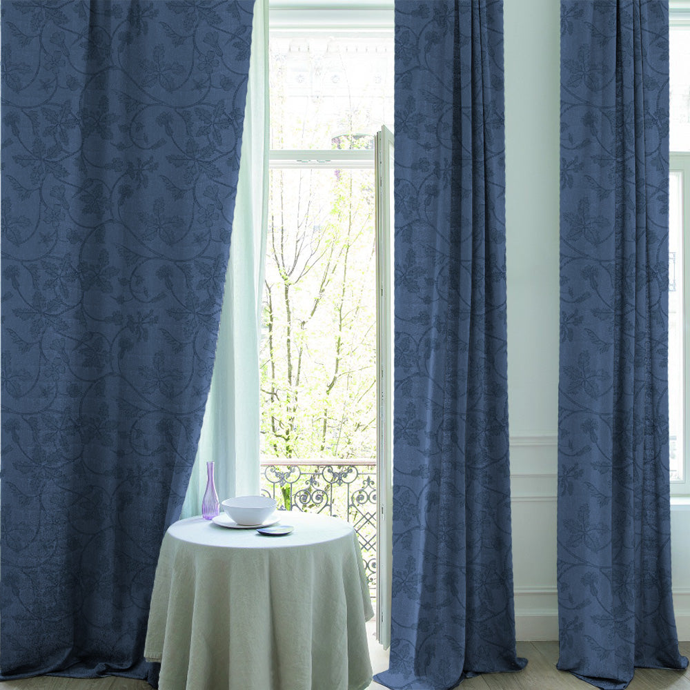 Nouveau Petal Floral Oxford Blue Heavy Satin Room Darkening Curtains Set Of 2 - (DS496C)
