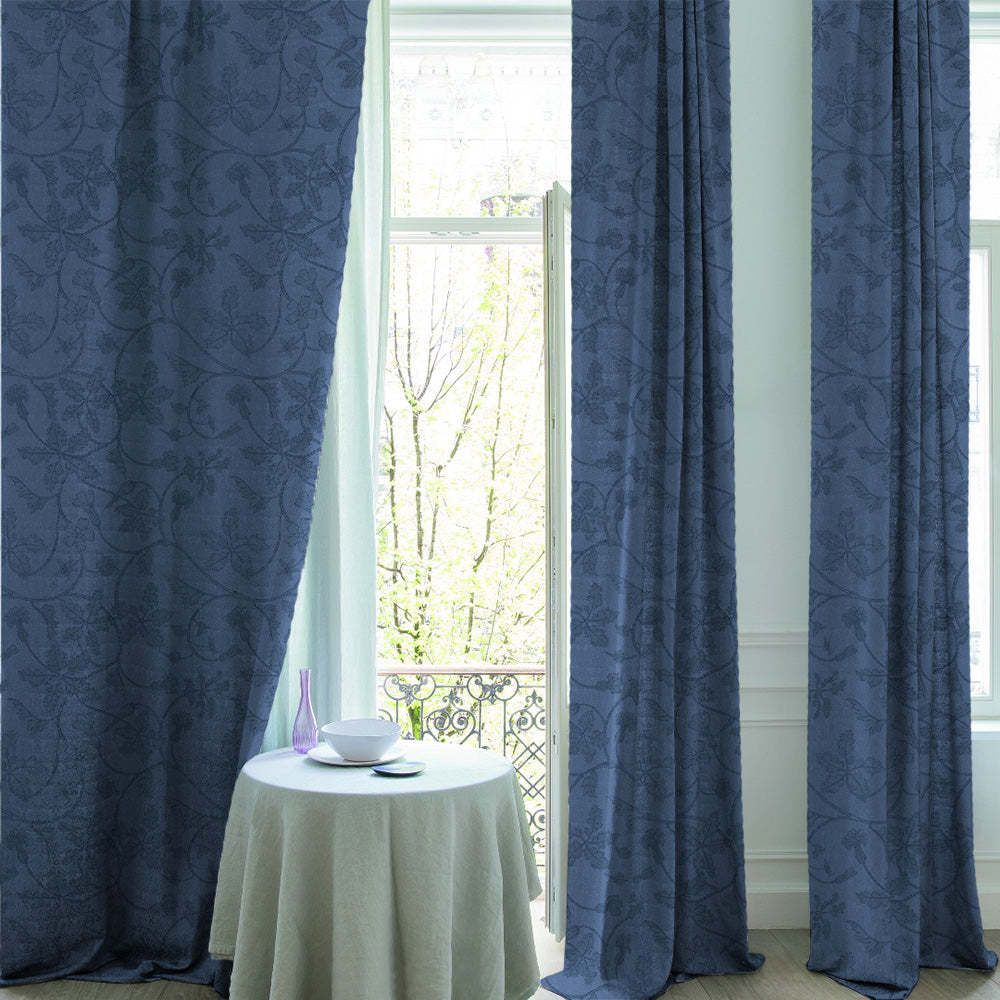 Nouveau Petal Floral Oxford Blue Heavy Satin Room Darkening Curtains Set Of 2 - (DS496C)