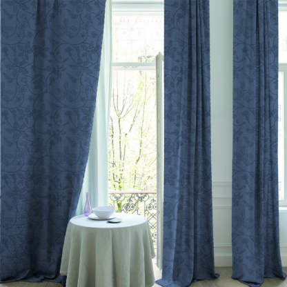 Nouveau Petal Floral Oxford Blue Heavy Satin Room Darkening Curtains Set Of 2 - (DS496C)