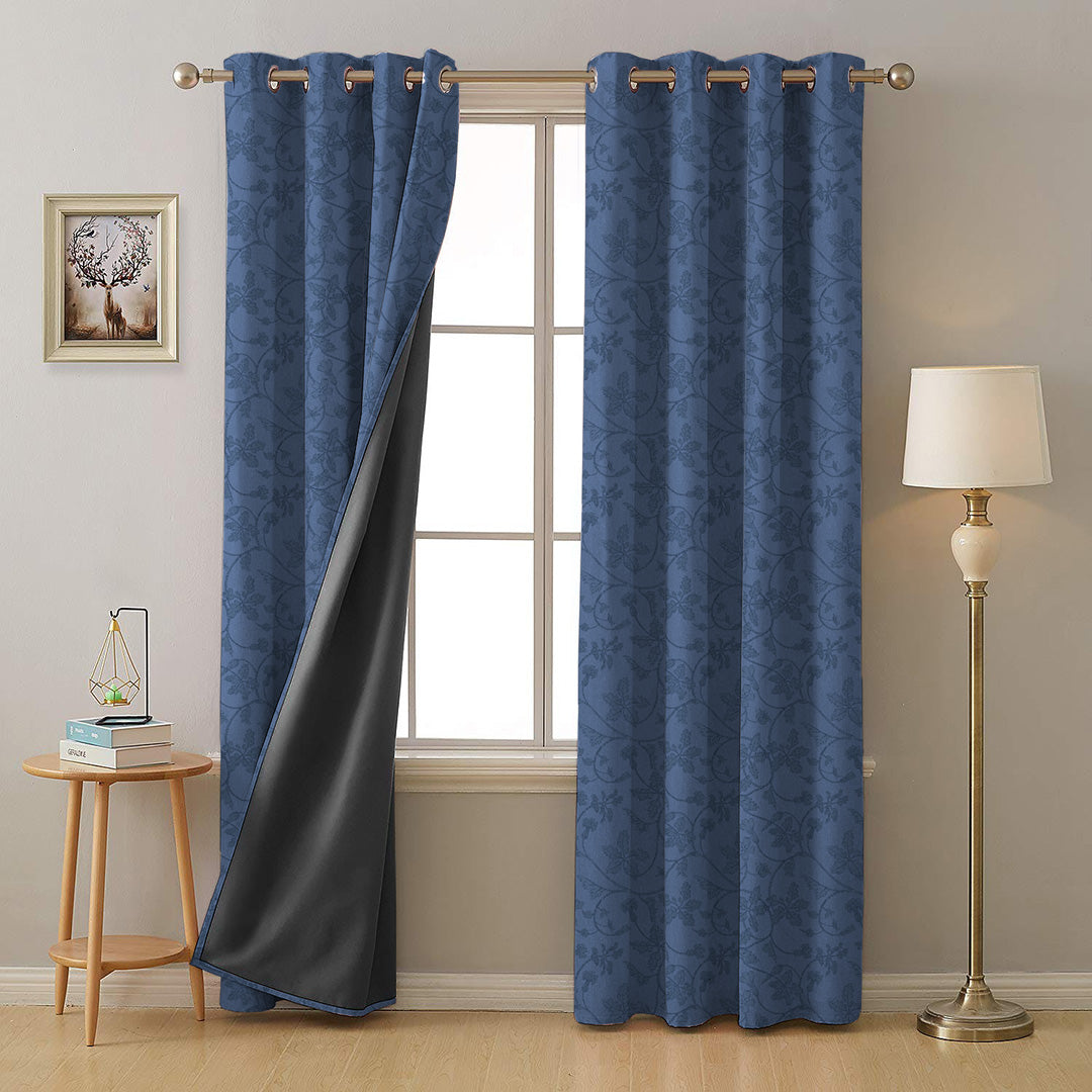 Nouveau Petal Floral Oxford Blue Heavy Satin Room Darkening Curtains Set Of 2 - (DS496C)