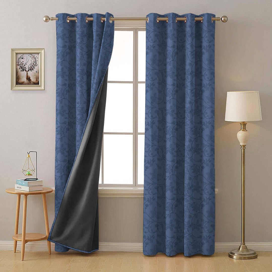 Nouveau Petal Floral Oxford Blue Heavy Satin Room Darkening Curtains Set Of 2 - (DS496C)