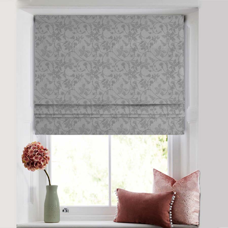Nouveau Petal Floral French Grey Satin Roman Blind (DS496F)