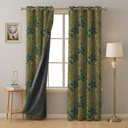 Floral Poetry Floral Olive Green Heavy Satin Room Darkening Curtains Set Of 2 - (DS498A)