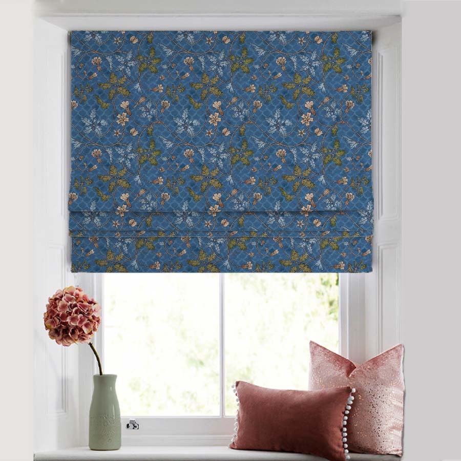 Floral Poetry Floral Oxford Blue Satin Roman Blind (DS498B)