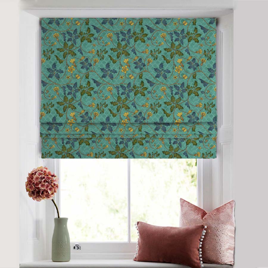 Floral Poetry Floral Turquoise Satin Roman Blind (DS498C)