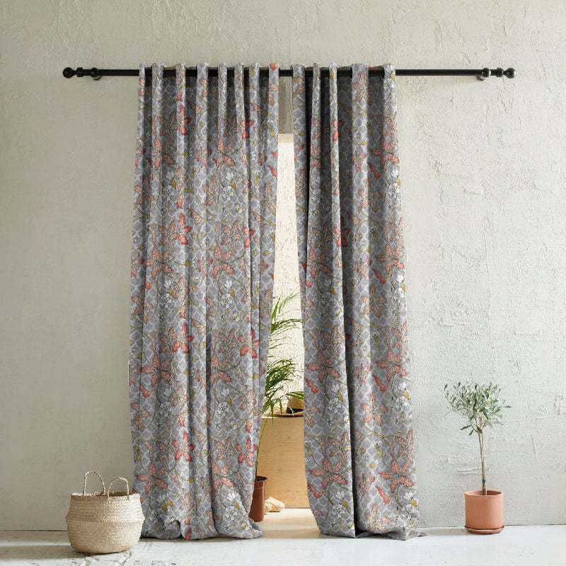 Floral Poetry Floral French Grey Heavy Satin Blackout curtains Set Of 2 - (DS498D)