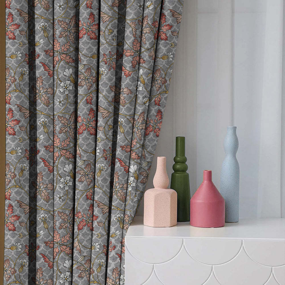 Floral Poetry Floral French Grey Heavy Satin Blackout curtains Set Of 2 - (DS498D)