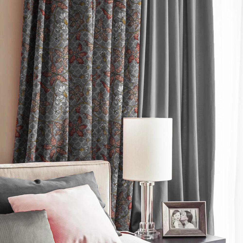 Floral Poetry Floral French Grey Heavy Satin Blackout curtains Set Of 2 - (DS498D)