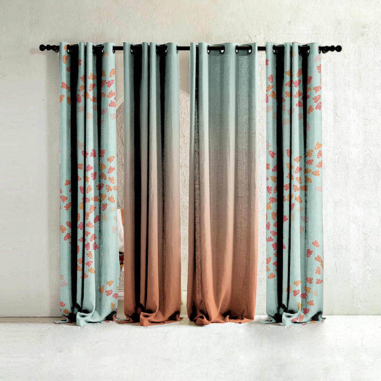 Hues of Nature Floral & Ombre Print Combination Room Darkening Curtains Set Of 4 Door Curtain - (500COMBRE21)