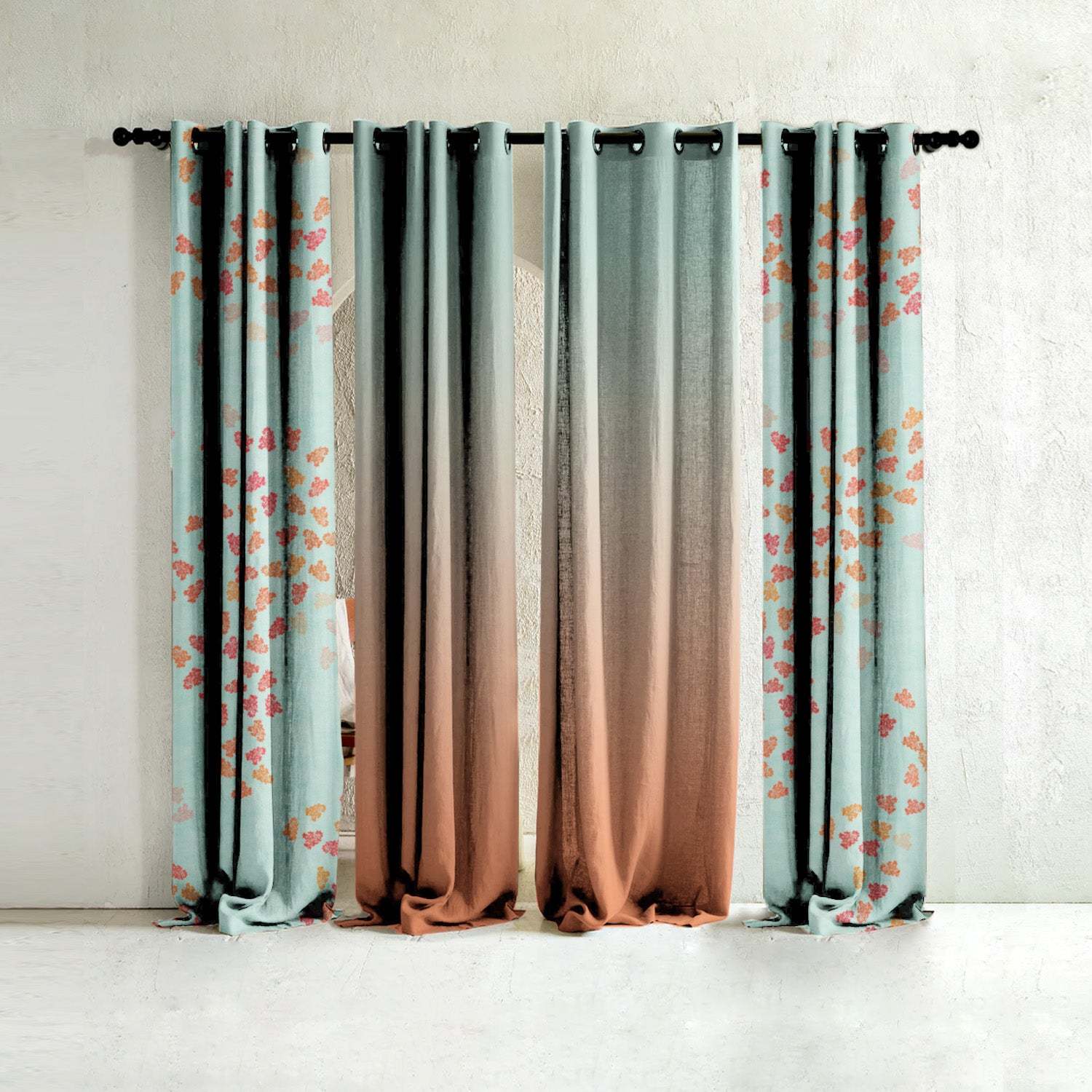 Hues of Nature Floral & Ombre Print Combination Room Darkening Curtains Set Of 4 Door Curtain - (500COMBRE21)
