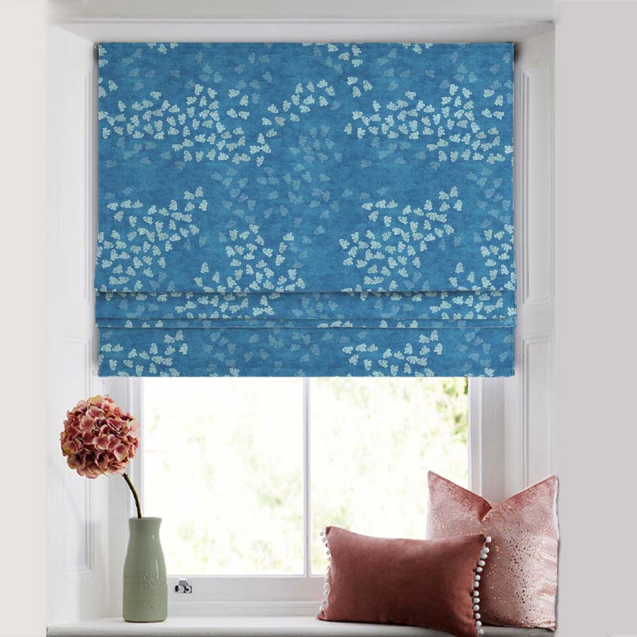 Fluttering Beauty Geometric Pacific Blue Satin Roman Blind (DS500D)