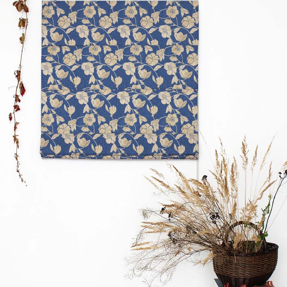Botanic Bouquet Floral Oxford Blue Satin Roman Blind (DS509A)