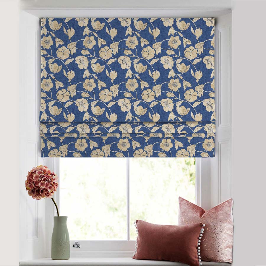 Botanic Bouquet Floral Oxford Blue Satin Roman Blind (DS509A)