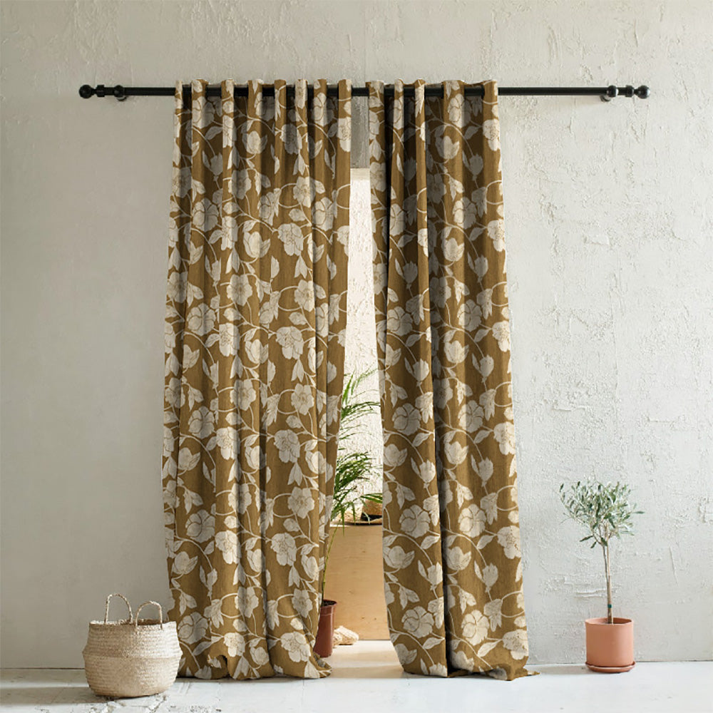 Botanic Bouquet Floral Mustard Yellow Heavy Satin Room Darkening Curtains Set Of 2 - (DS509F)