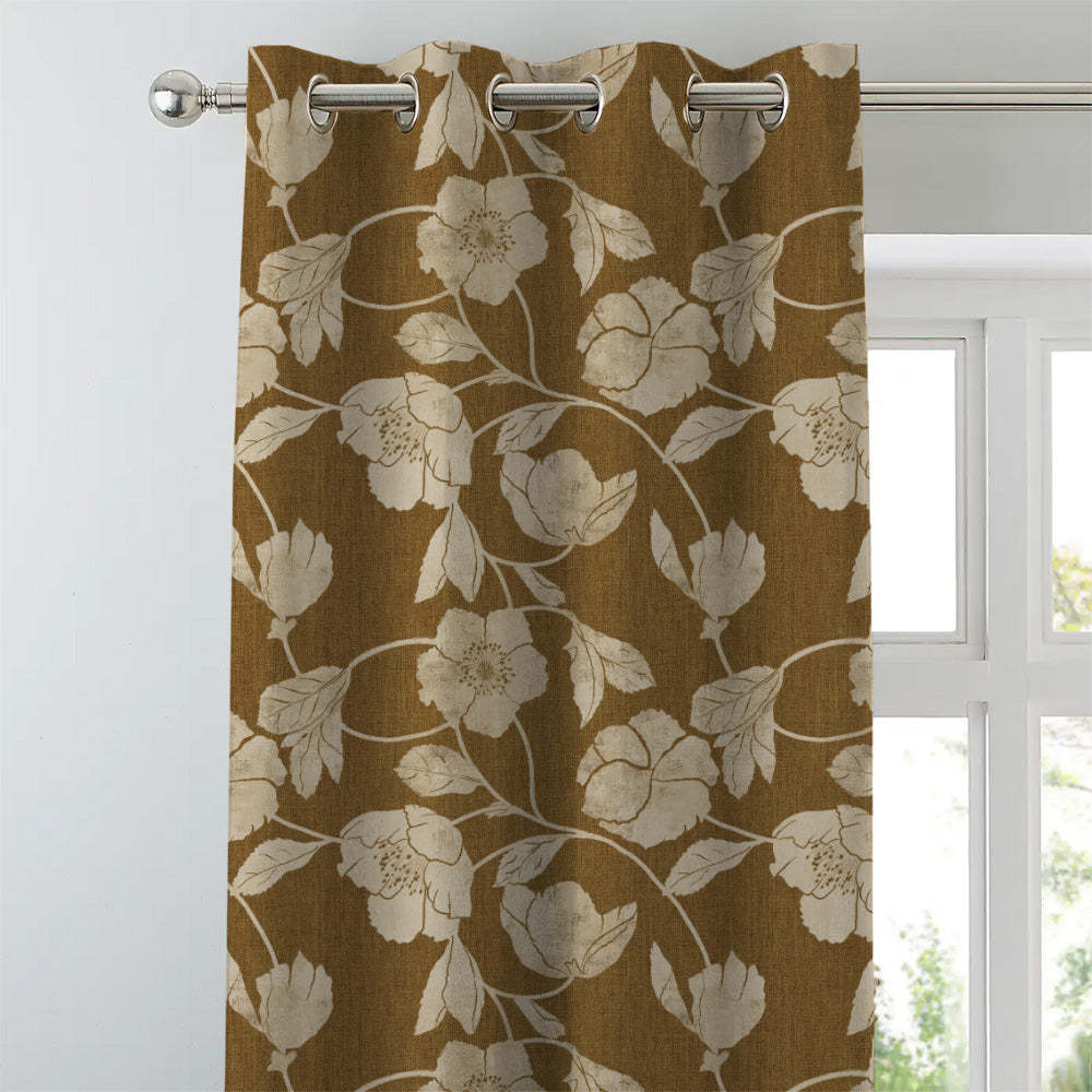 Botanic Bouquet Floral Mustard Yellow Heavy Satin Room Darkening Curtains Set Of 2 - (DS509F)