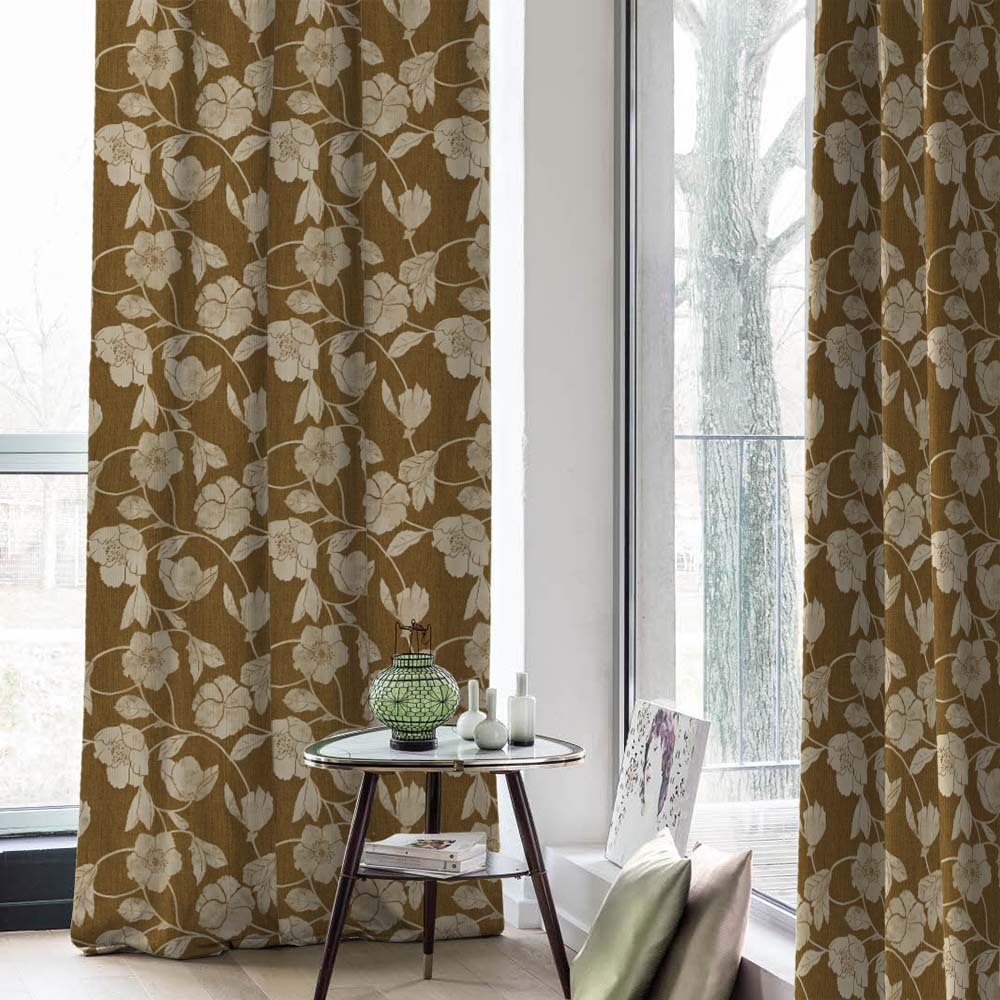 Botanic Bouquet Floral Mustard Yellow Heavy Satin Room Darkening Curtains Set Of 2 - (DS509F)