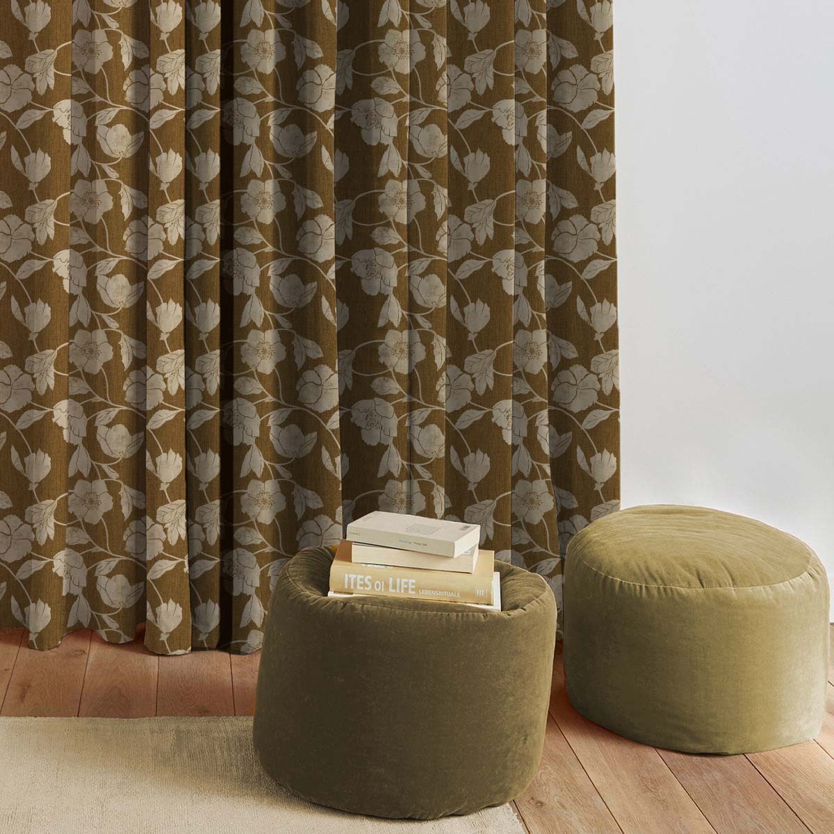 Botanic Bouquet Floral Mustard Yellow Heavy Satin Room Darkening Curtains Set Of 2 - (DS509F)