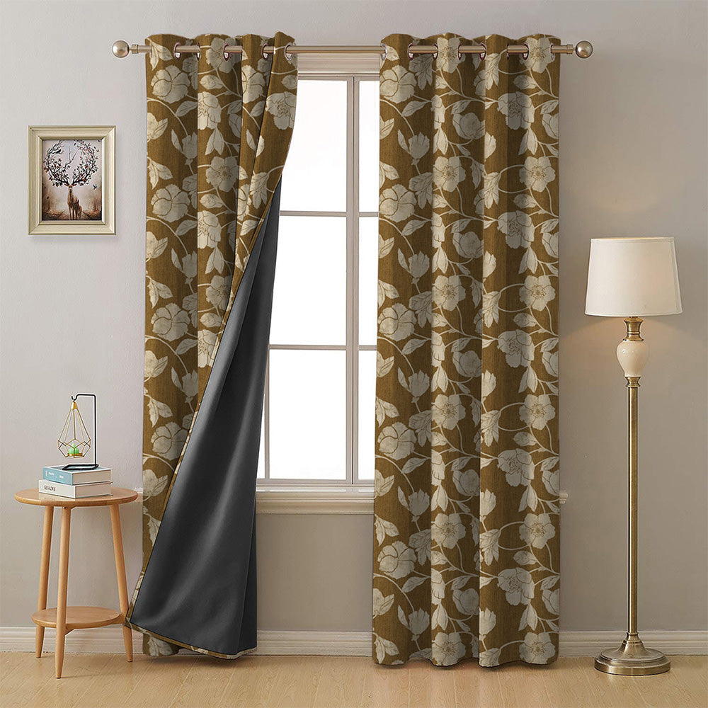 Botanic Bouquet Floral Mustard Yellow Heavy Satin Room Darkening Curtains Set Of 2 - (DS509F)