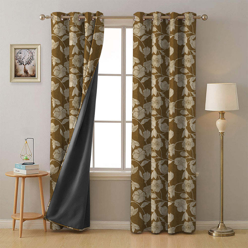 Botanic Bouquet Floral Mustard Yellow Heavy Satin Room Darkening Curtains Set Of 2 - (DS509F)