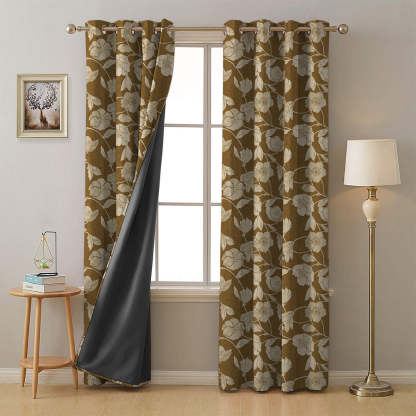Botanic Bouquet Floral Mustard Yellow Heavy Satin Room Darkening Curtains Set Of 2 - (DS509F)