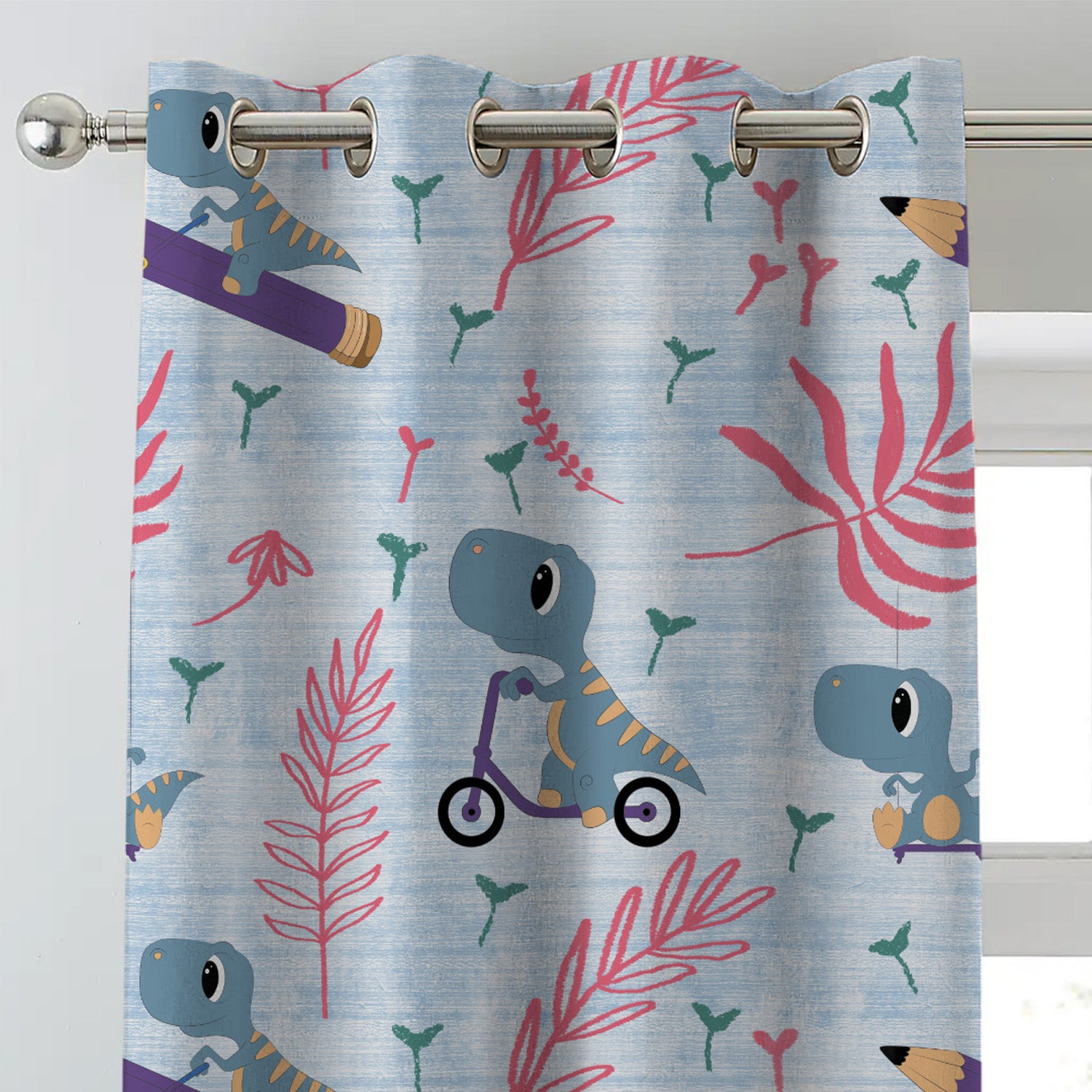 Dino Delight Kids Sky Blue Heavy Satin Blackout Curtains Set Of 2 - (DS512A)