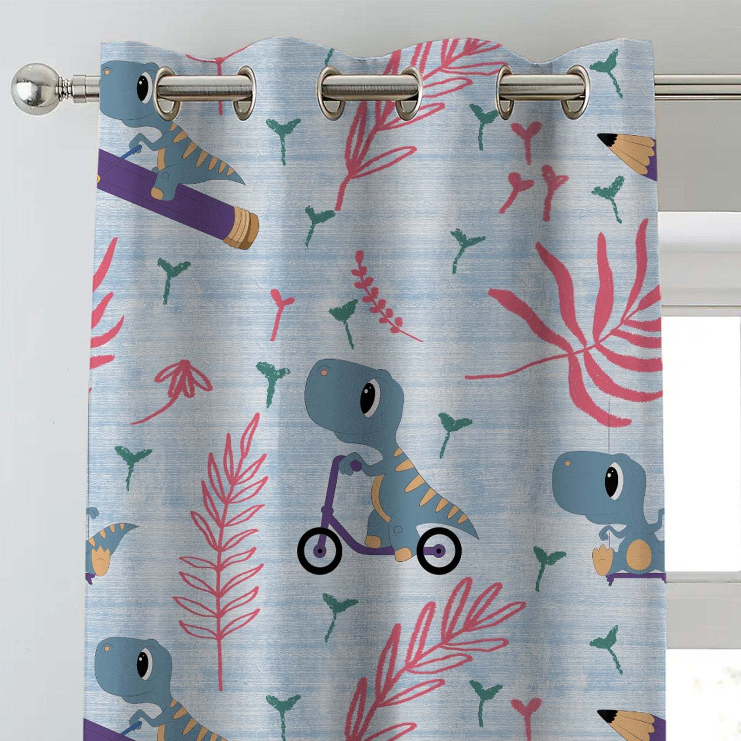 Dino Delight Kids Sky Blue Heavy Satin Blackout Curtains Set Of 2 - (DS512A)