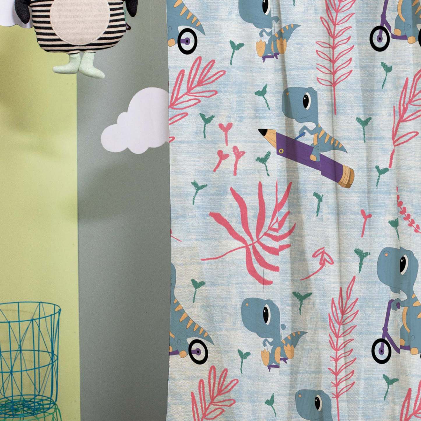Dino Delight Kids Sky Blue Heavy Satin Blackout Curtains Set Of 2 - (DS512A)