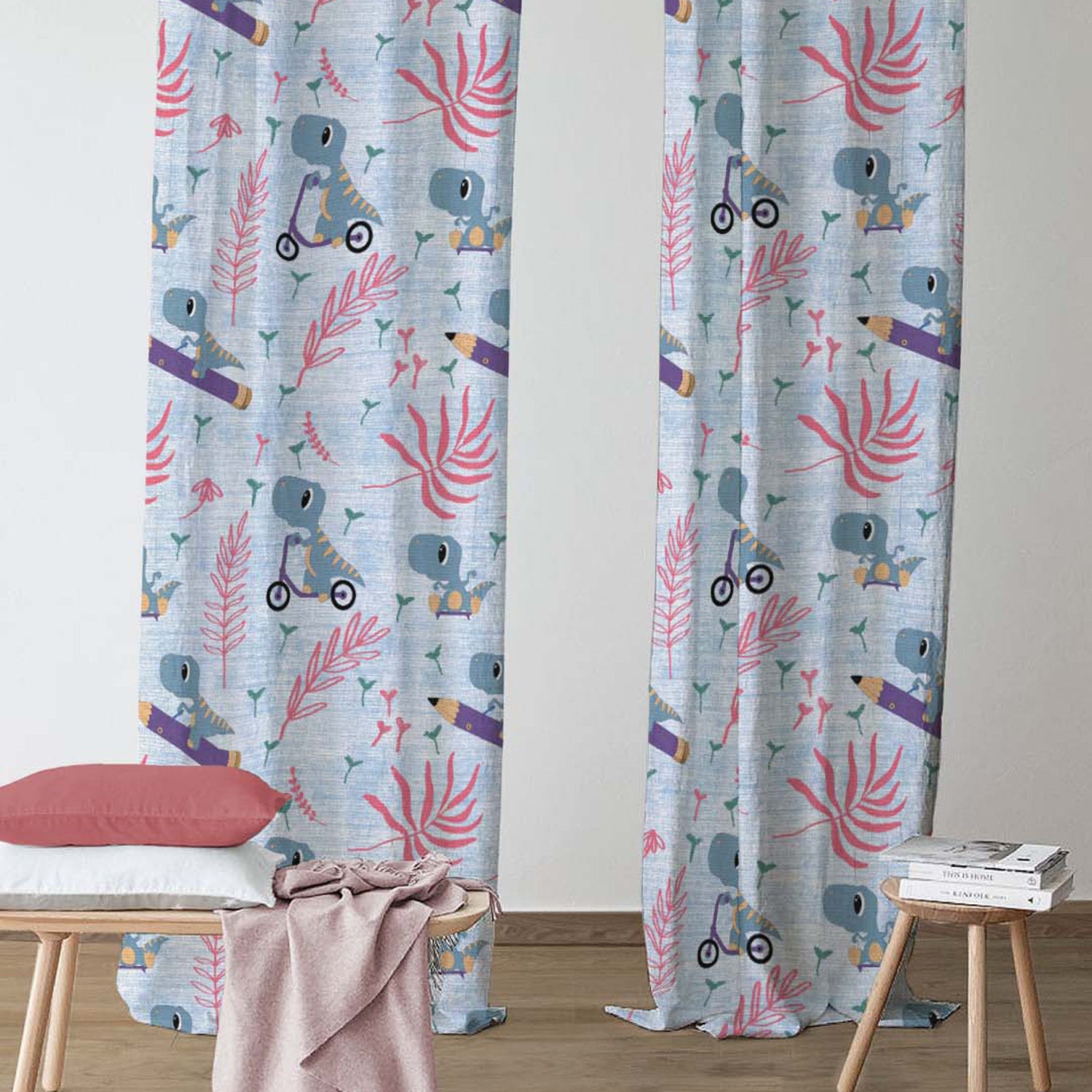 Dino Delight Kids Sky Blue Heavy Satin Blackout Curtains Set Of 2 - (DS512A)