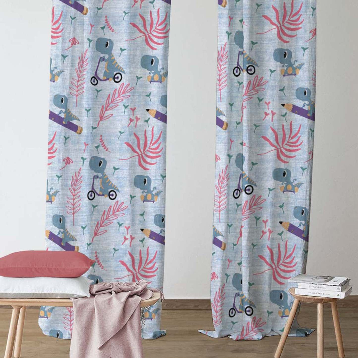 Dino Delight Kids Sky Blue Heavy Satin Blackout Curtains Set Of 2 - (DS512A)