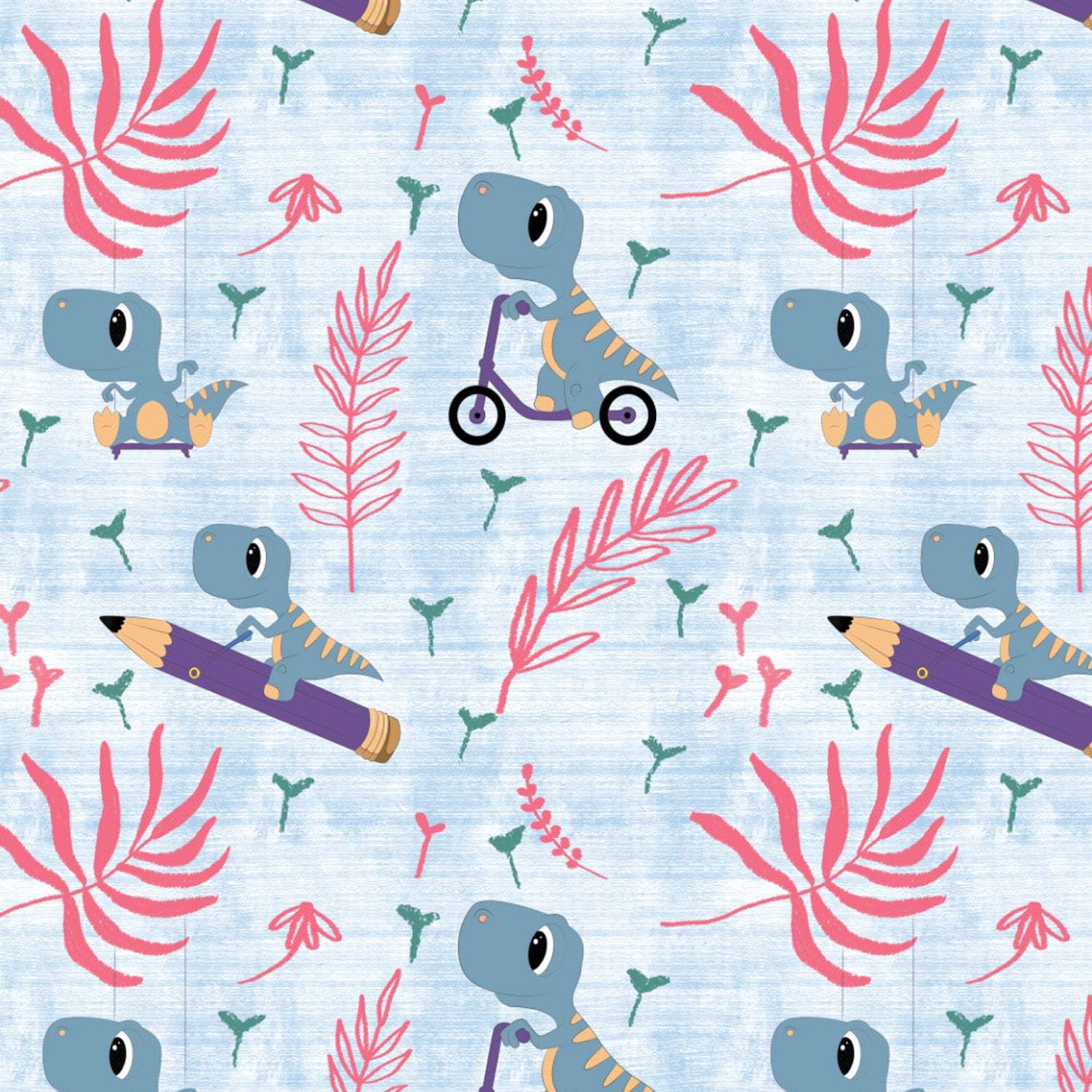 Dino Delight Kids Sky Blue Heavy Satin Blackout Curtains Set Of 2 - (DS512A)