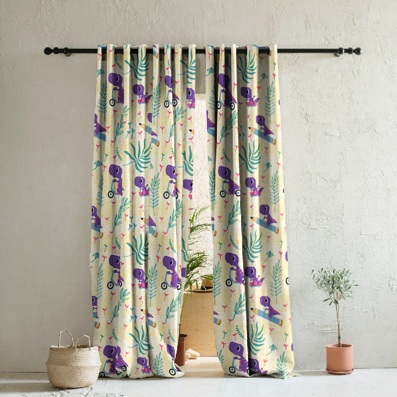 Dino Delight Kids Sunny Yellow Heavy Satin Room Darkening Curtains Set Of 2 - (DS512B)