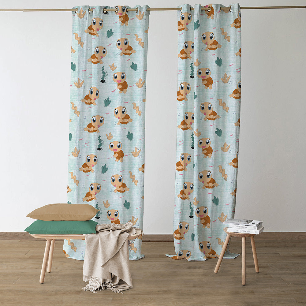 Turtle Tales Kids Mint Green Heavy Satin Blackout curtains Set Of 2 - (DS513C)