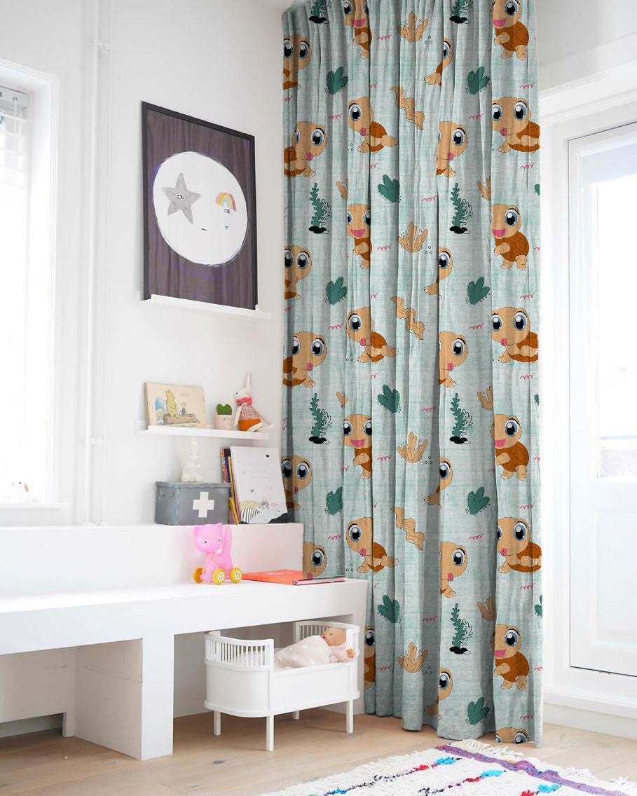 Turtle Tales Kids Mint Green Heavy Satin Blackout curtains Set Of 2 - (DS513C)