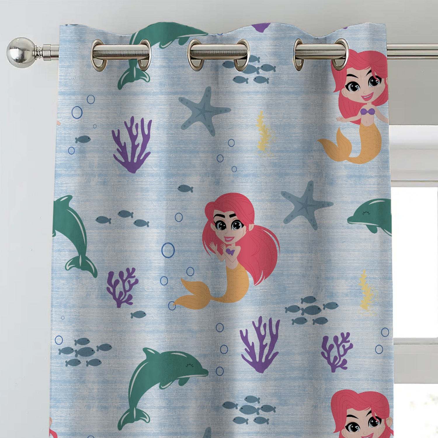 Magical Marine Kids Sky Blue Heavy Satin Blackout Curtains Set Of 2 - (DS514A)