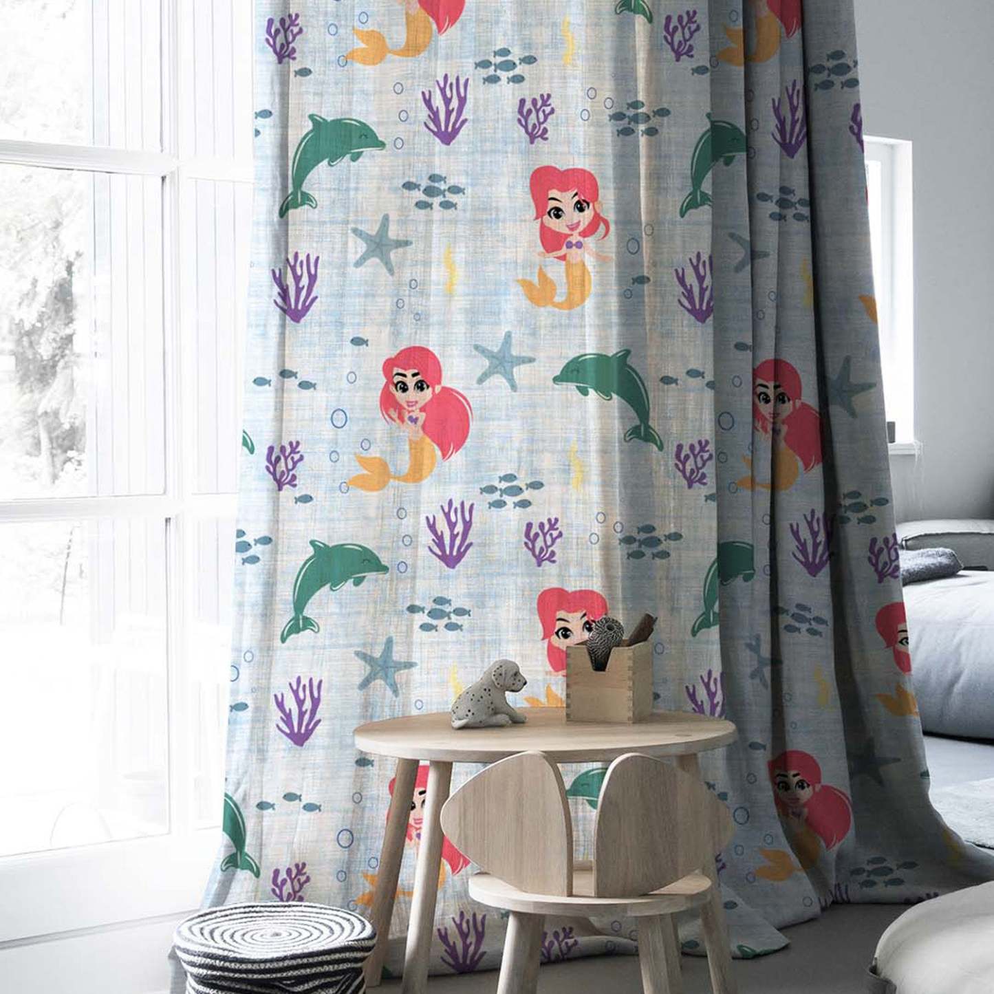 Magical Marine Kids Sky Blue Heavy Satin Blackout Curtains Set Of 2 - (DS514A)