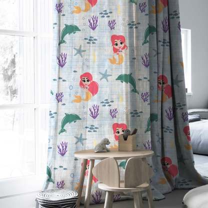 Magical Marine Kids Sky Blue Heavy Satin Blackout Curtains Set Of 2 - (DS514A)