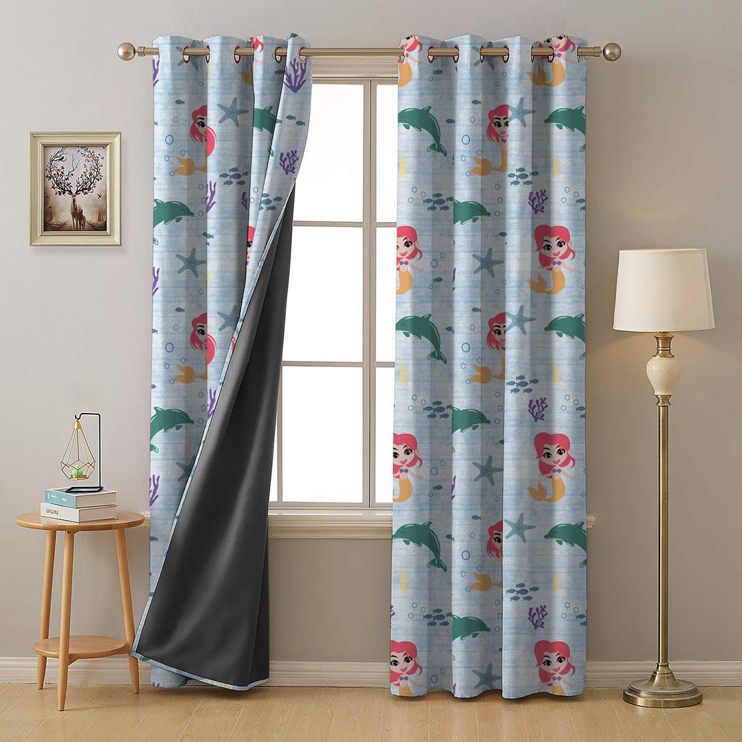 Magical Marine Kids Sky Blue Heavy Satin Blackout Curtains Set Of 2 - (DS514A)