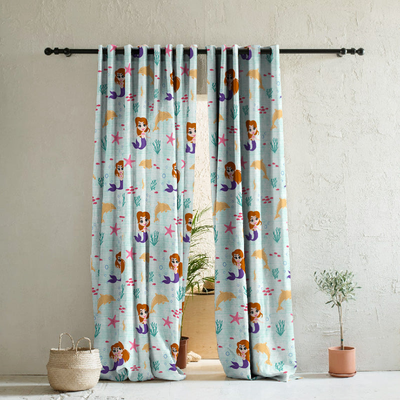 Magical Marine Kids Mint Green Heavy Satin Room Darkening Curtains Set Of 2 - (DS514C)