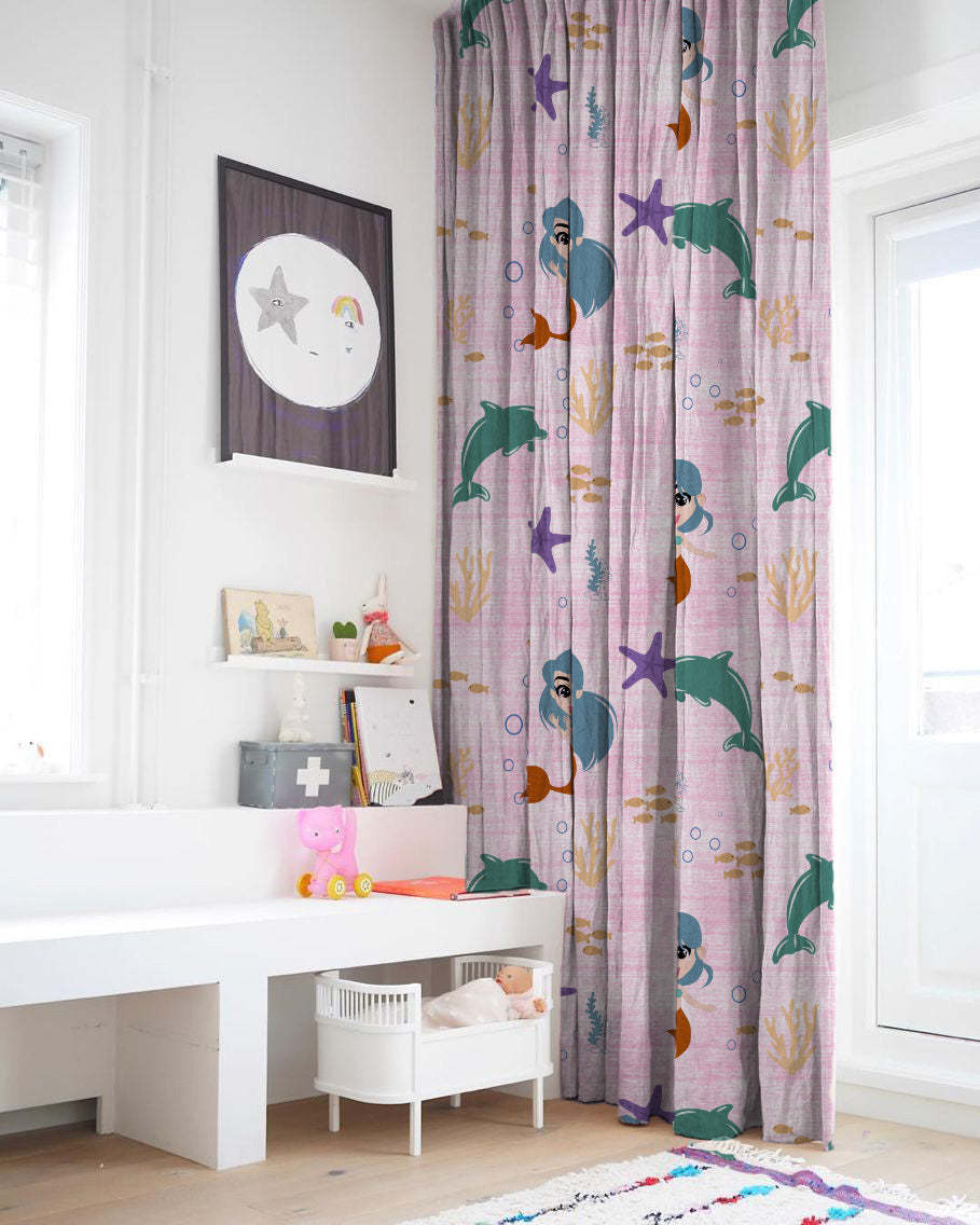 Magical Marine Kids Pastel Pink Heavy Satin Room Darkening Curtains Set Of 2 - (DS514D)