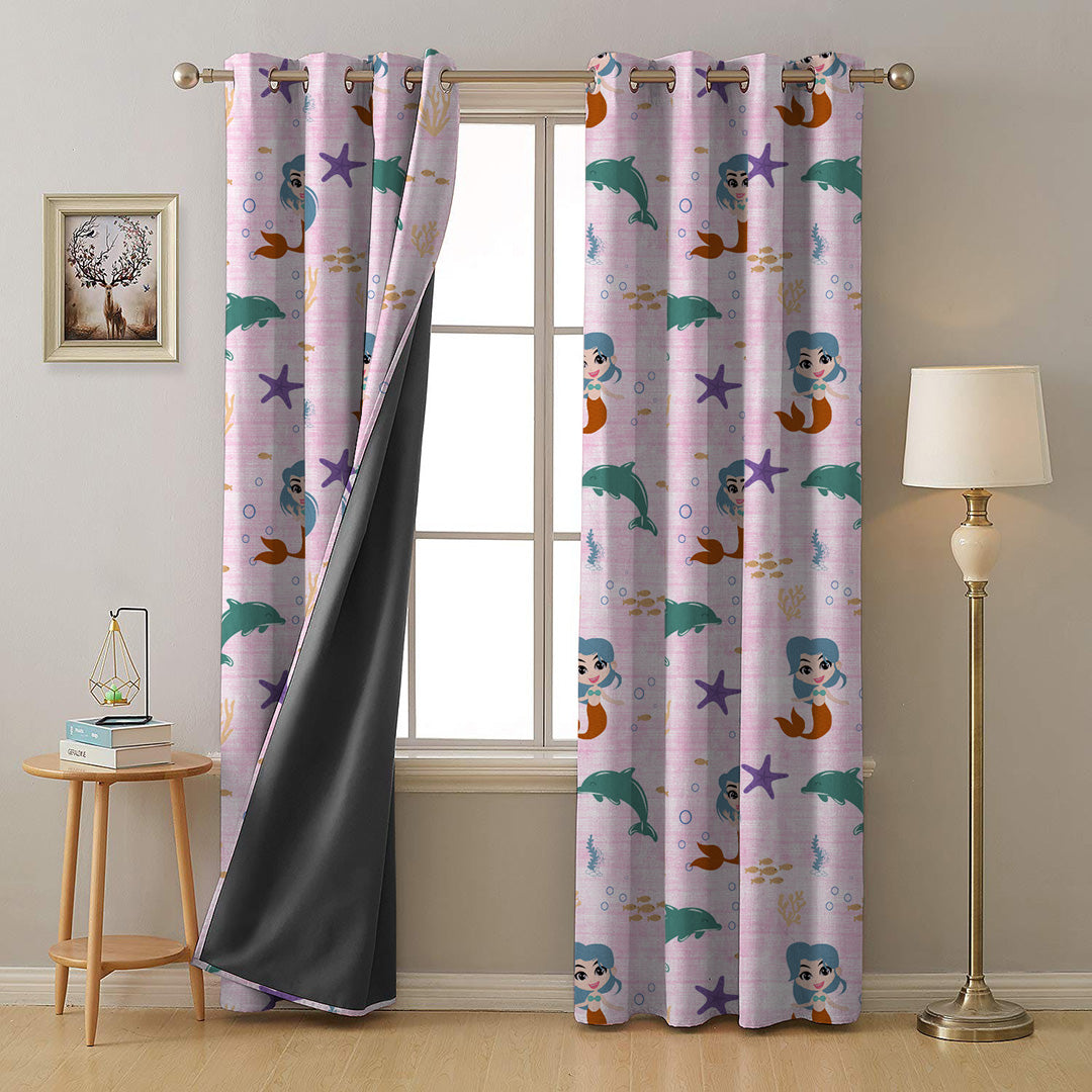 Magical Marine Kids Pastel Pink Heavy Satin Room Darkening Curtains Set Of 2 - (DS514D)