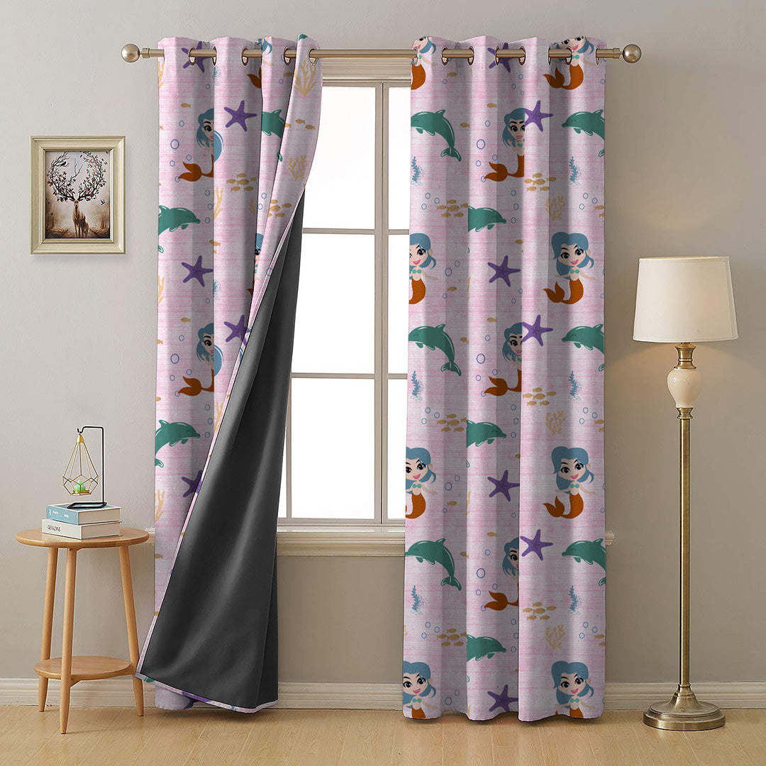 Magical Marine Kids Pastel Pink Heavy Satin Room Darkening Curtains Set Of 2 - (DS514D)
