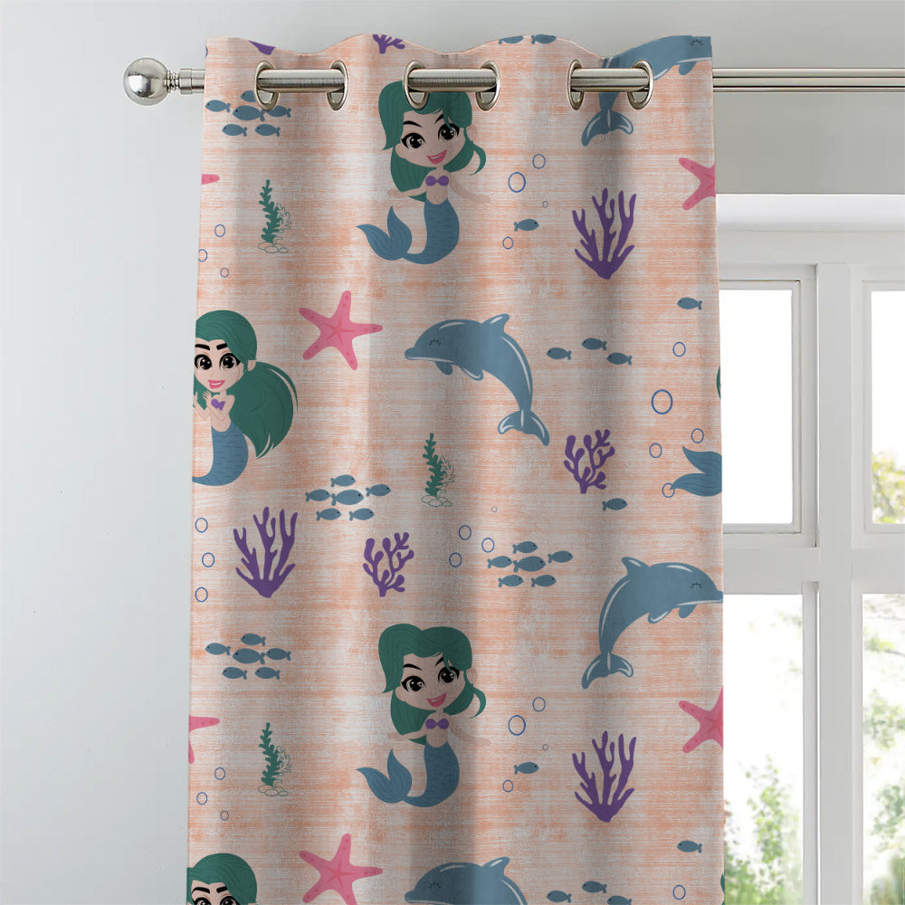 Magical Marine Kids Orange Heavy Satin Room Darkening Curtains Set Of 2 - (DS514F)