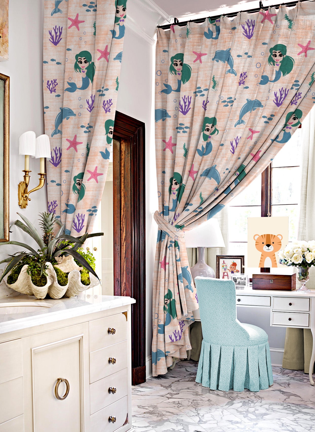 Magical Marine Kids Orange Heavy Satin Room Darkening Curtains Set Of 2 - (DS514F)