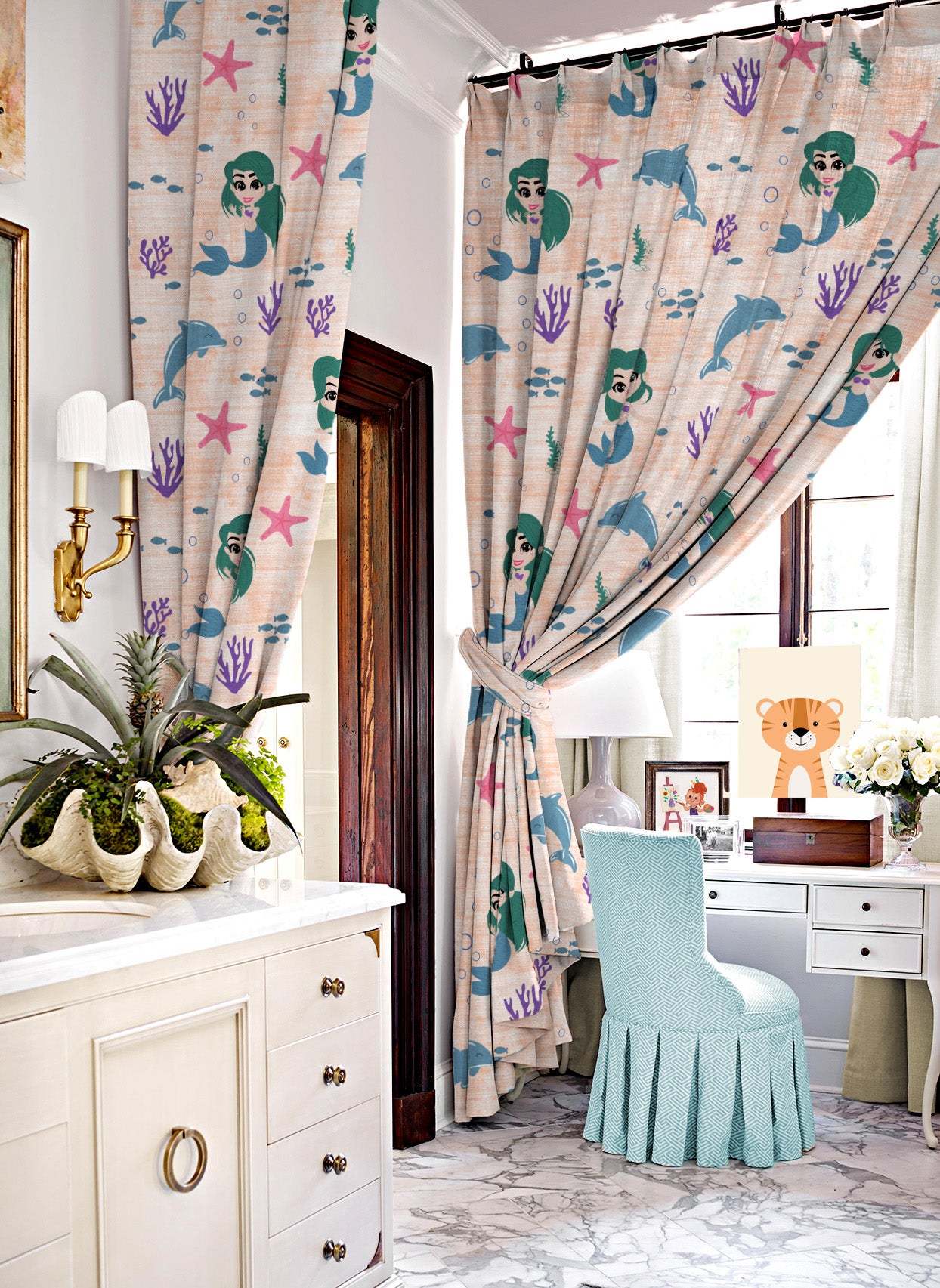 Magical Marine Kids Orange Heavy Satin Room Darkening Curtains Set Of 2 - (DS514F)